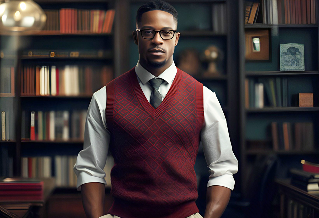 man in sweater vest in library 