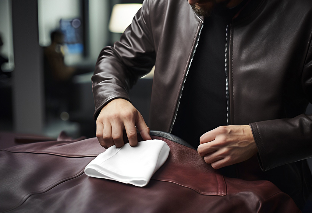 man waterproofing a leather jacket