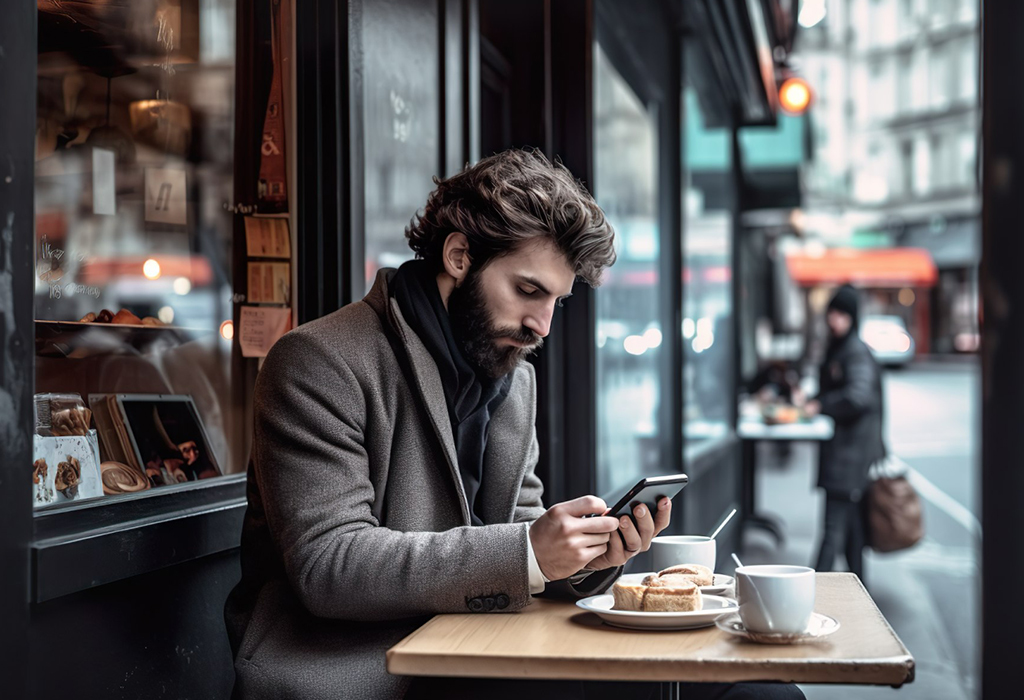 man using his phone in a coffee shop