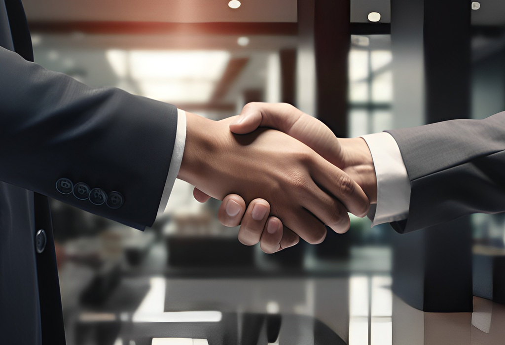 two men shake hands in business setting