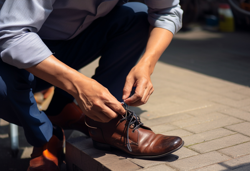 man tying shoes
