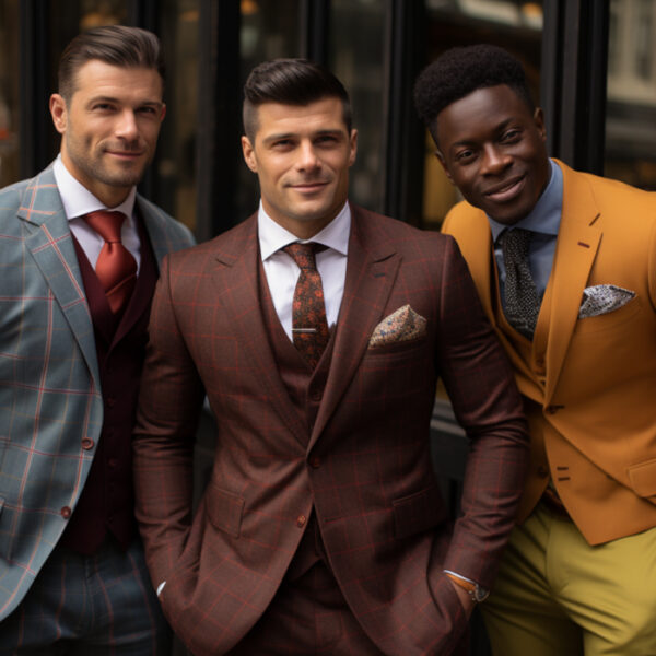 3 men wearing different color suits