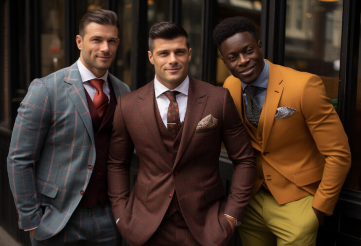 3 men wearing different color suits