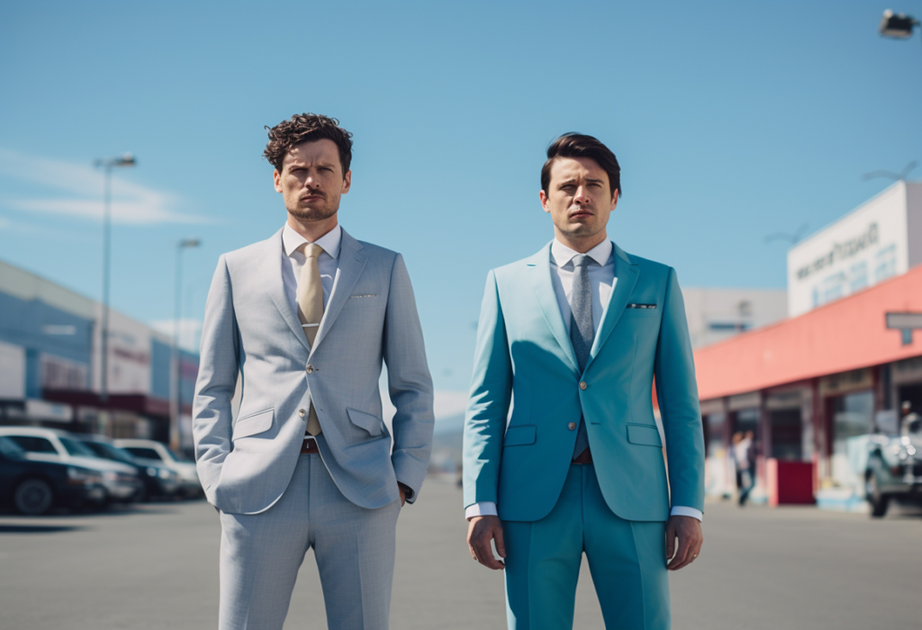 2 men dressed in light grey and light blue suits