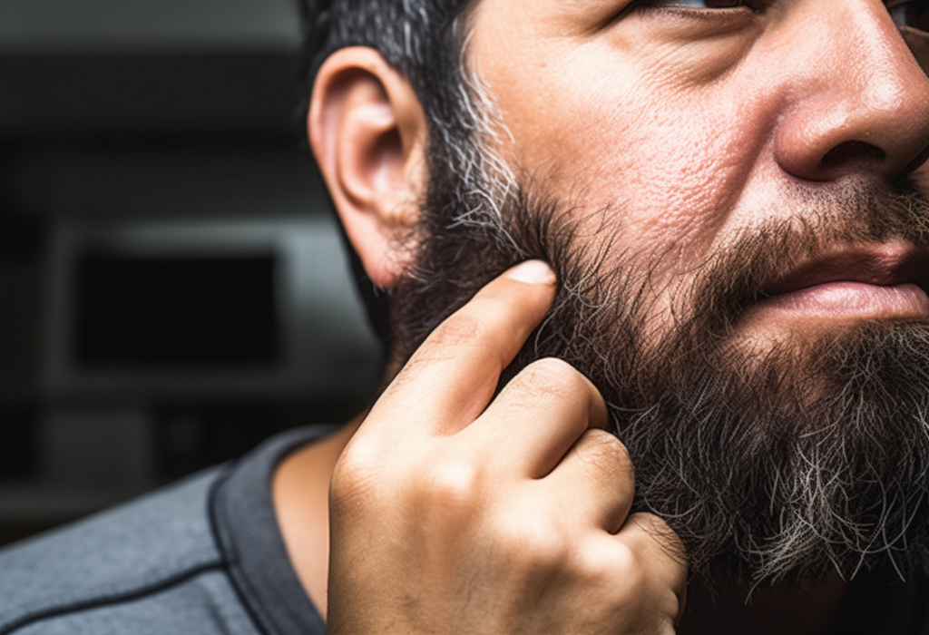 Man scratching itchy beard
