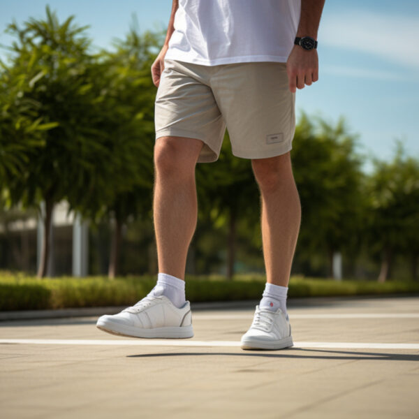 man wearing shorts and white sneakers