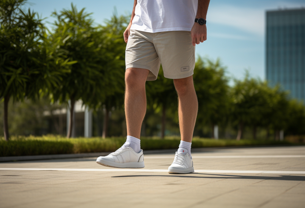 man wearing plain white sneakers with shorts