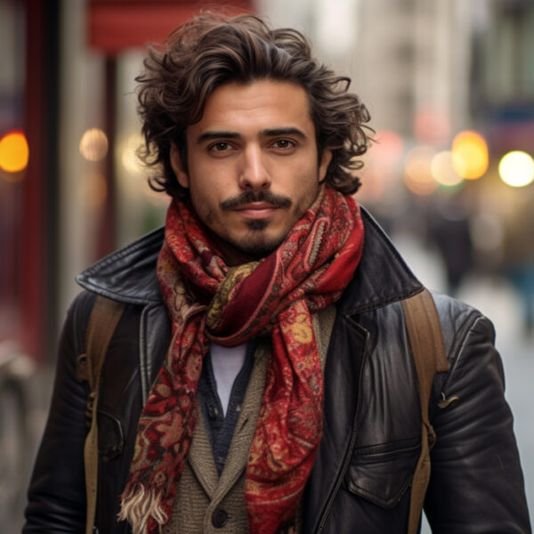 A man with wavy hair and a leather jacket stands confidently on a city street, sporting a richly patterned red scarf around his neck. The blurred cityscape in the background suggests a bustling urban environment