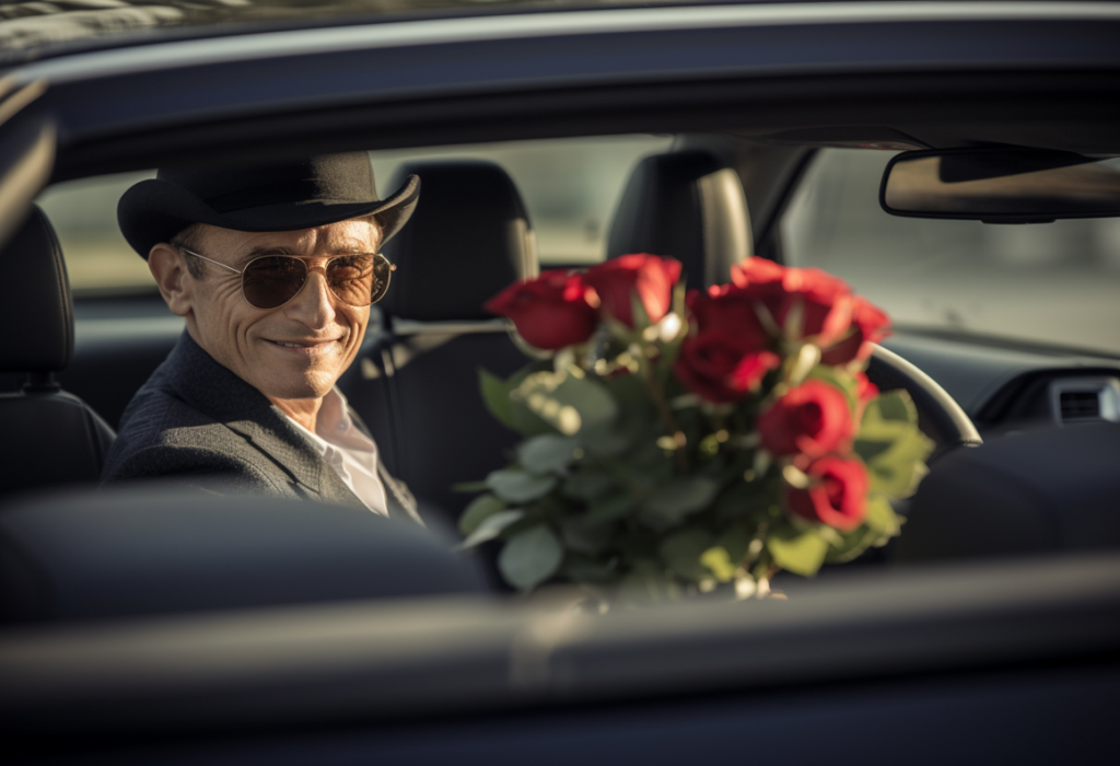 older man in a car with bouquet of flowers