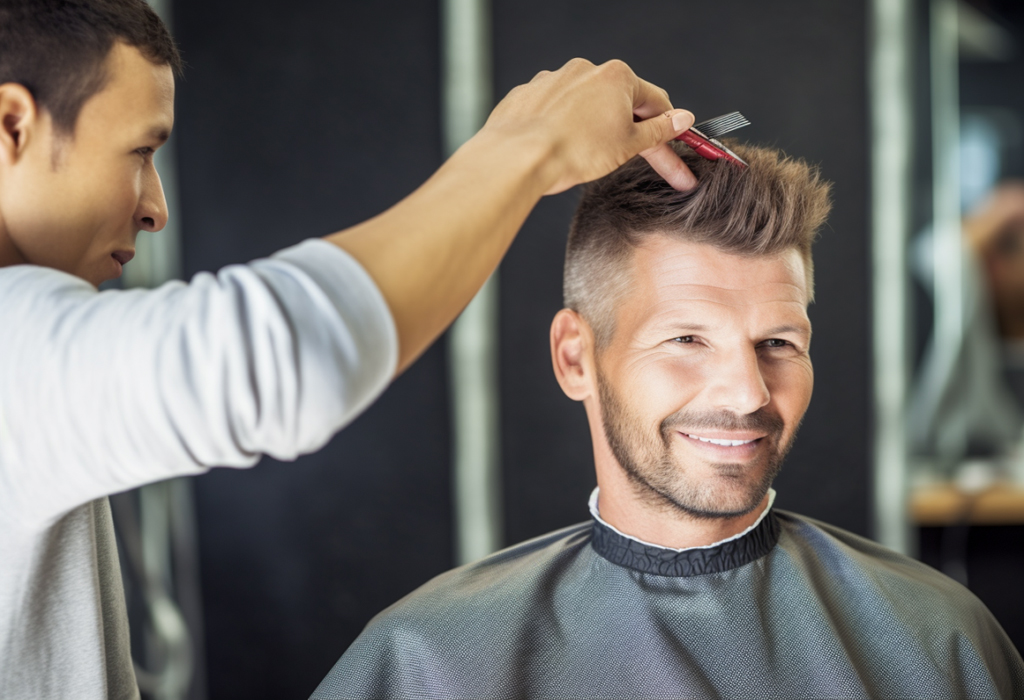 man cuts friends hair with scissors at home