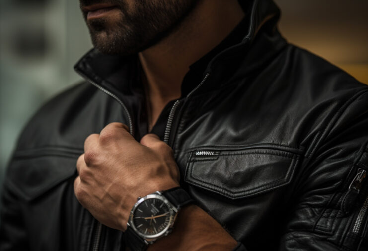 man matching watch with leather jacket