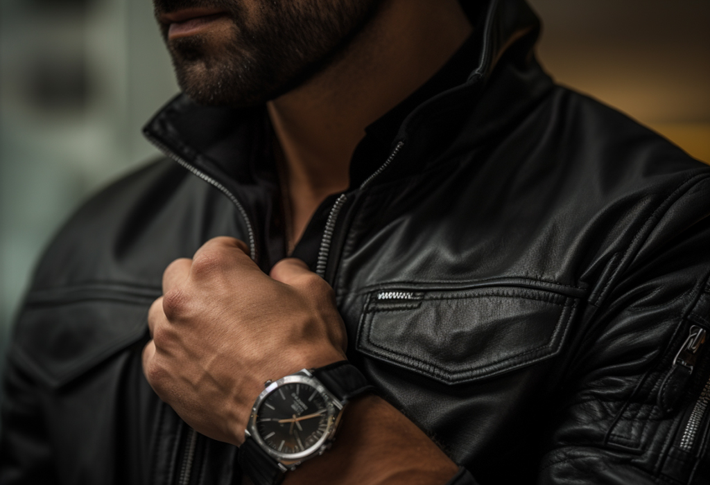 man wearing watch with leather jacket