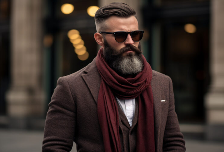 man with beard in overcoat and sunglasses with scarf