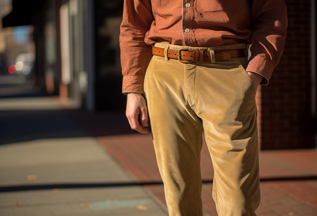 man with wider hips wearing corduroy pants