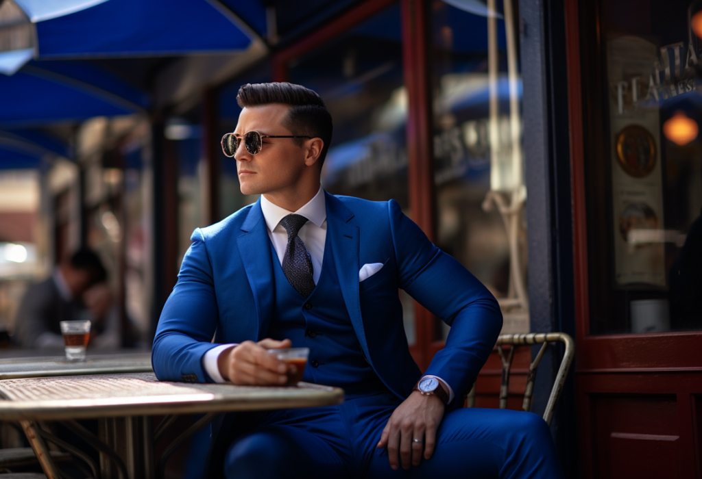 man sitting in a street cafe dressed in true blue color suit