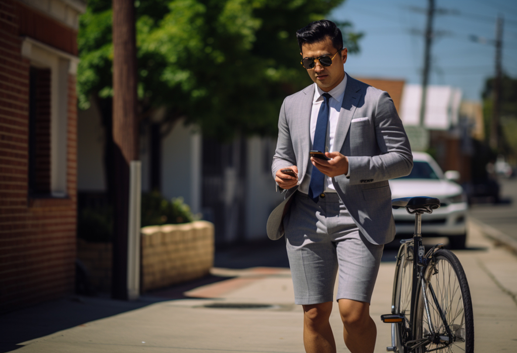 man wearing shorts wrong with jacket and tie