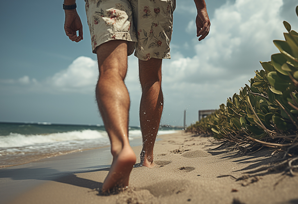 man with hairy legs waking the beach