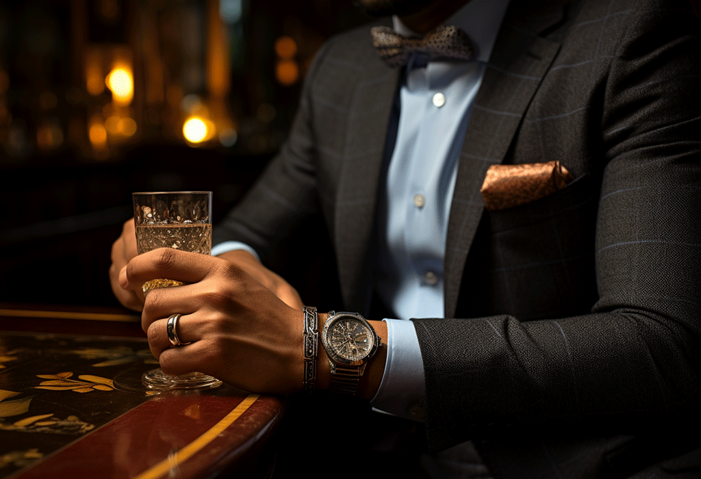 man in jacket and bow tie wearing watch with bracelet