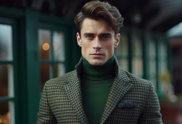 Outfit-Ideas-Evening-Chill-green-tutleneck-sweater-tweed-wool-jacket-checked-hairstyle