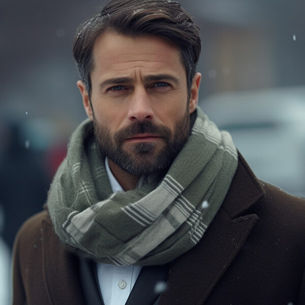 A contemplative man with a full beard, wearing a dark brown overcoat and a green plaid scarf, gazes into the distance. Gentle snowfall adds a serene atmosphere to the scene, with soft, blurred lights in the background suggesting an urban winter setting.