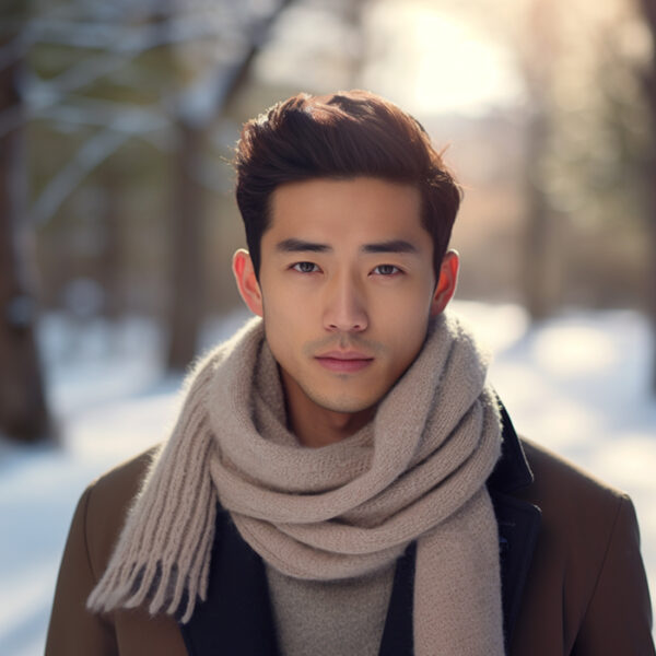 A young man with a thoughtful expression, wearing a beige overcoat and a light gray scarf, stands on a snowy path lined with bare trees, bathed in the soft light of a winter morning.