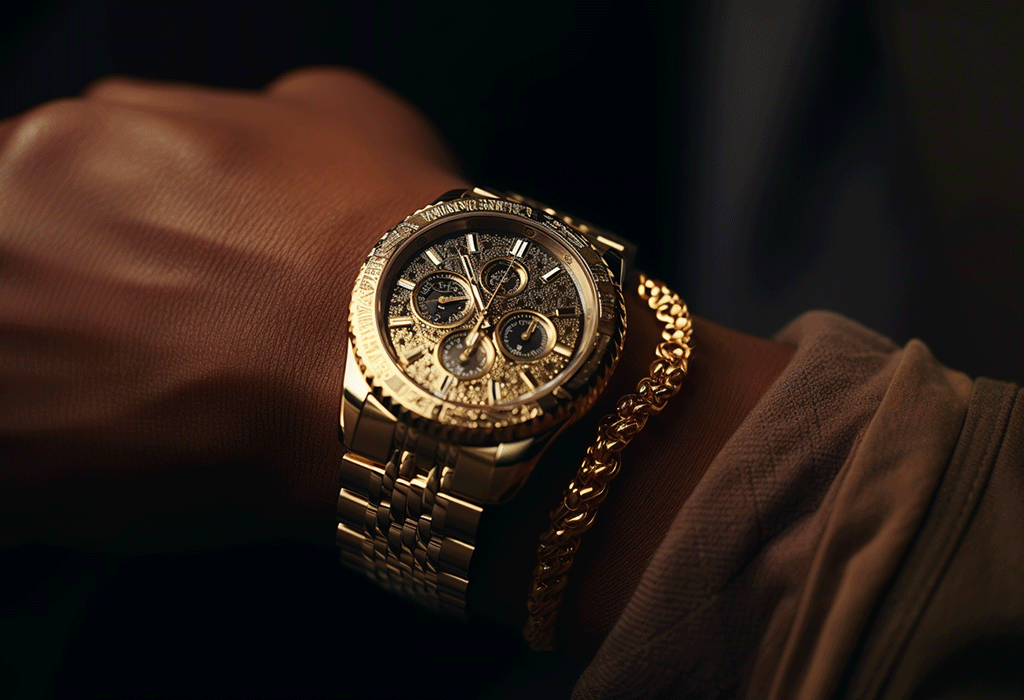massive watch on wrist worn with golden bracelet