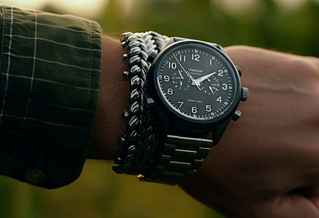 man wearing field watch with metal bracelet