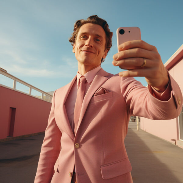 Man on phone in pink suit