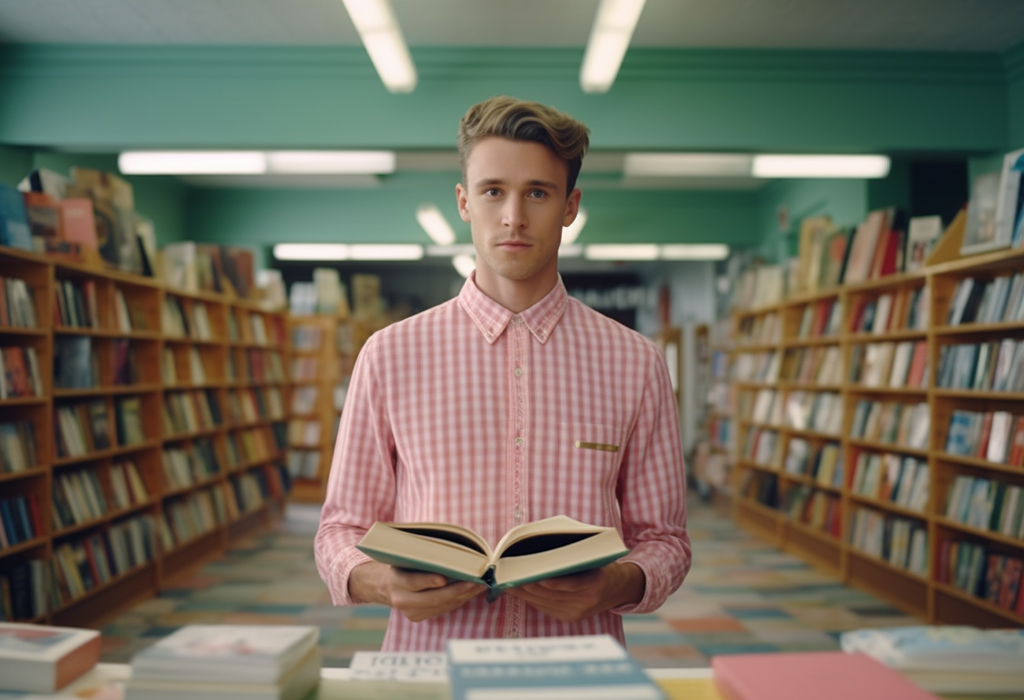 young man in a library with book