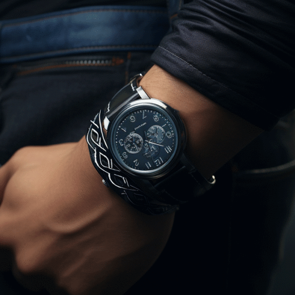 watch and leather bracelet on man's wrist