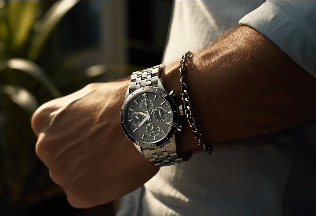 silver band watch with bracelet on man's wrist