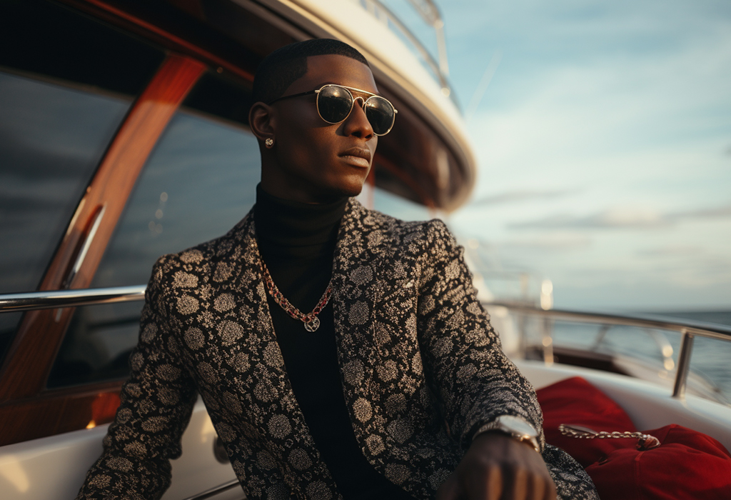 new money aesthetic look of a man on yacht