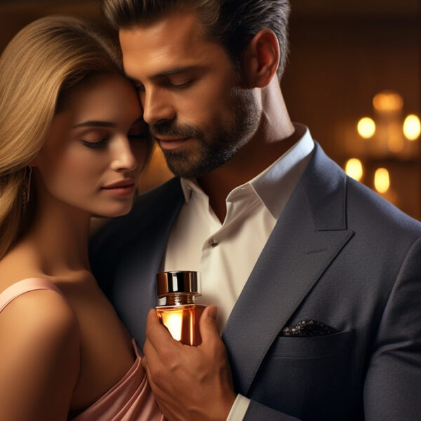 man and woman wih bottle of fragrance