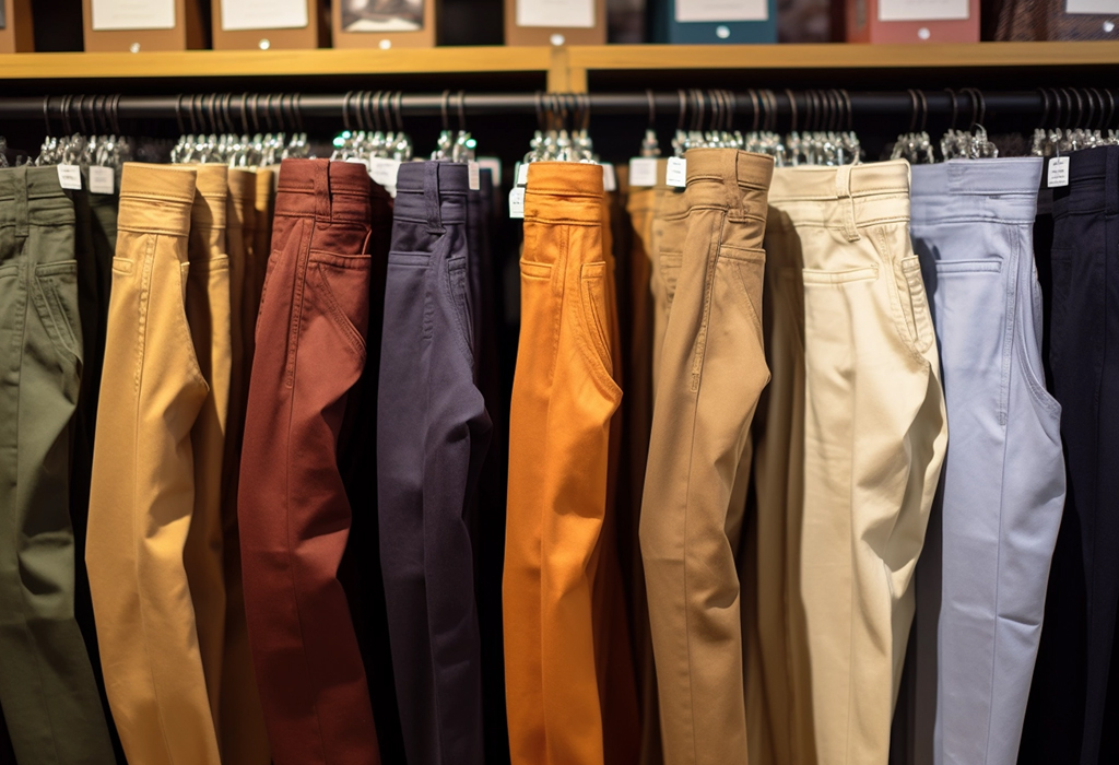 chinos of various colors on the rack