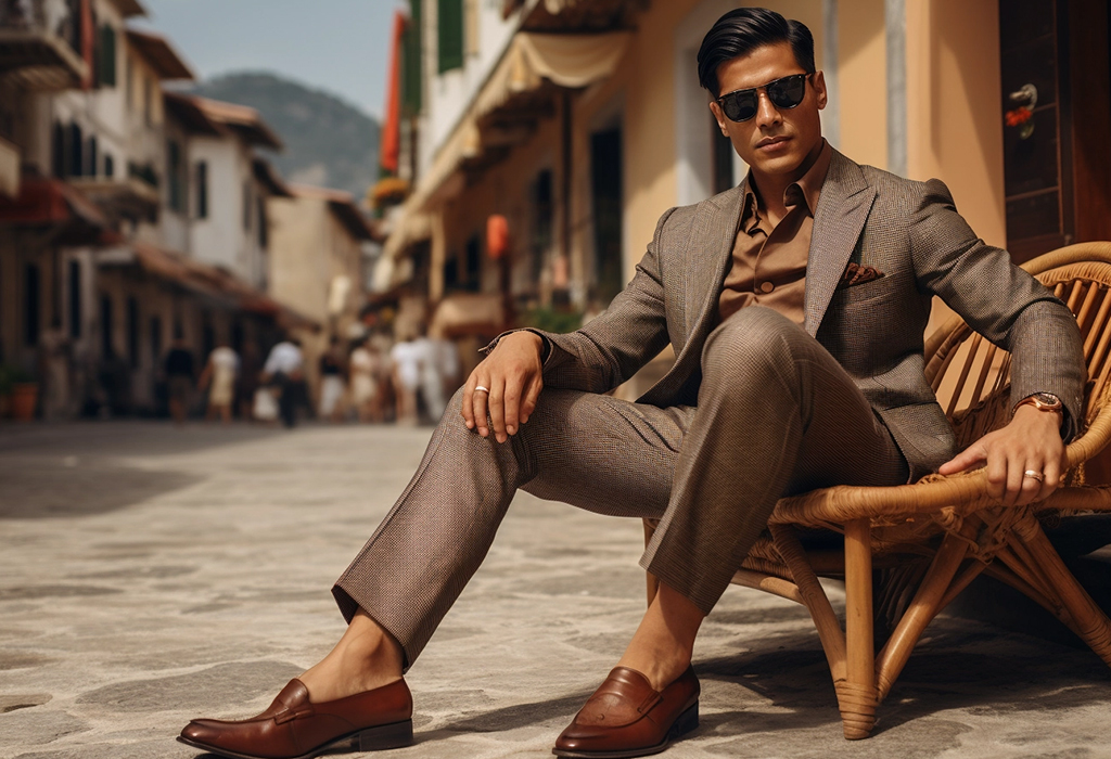man sitting outside dressed in suit and loafers