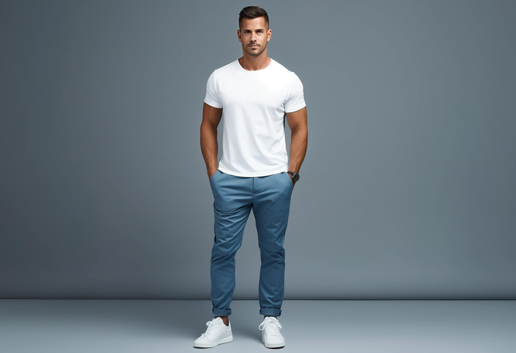 man wearing chinos with t-shirt