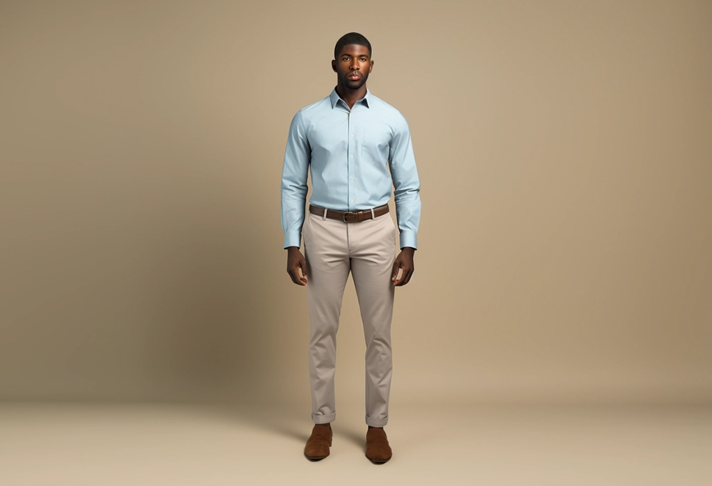 man wearing chinos with blue oxford shirt
