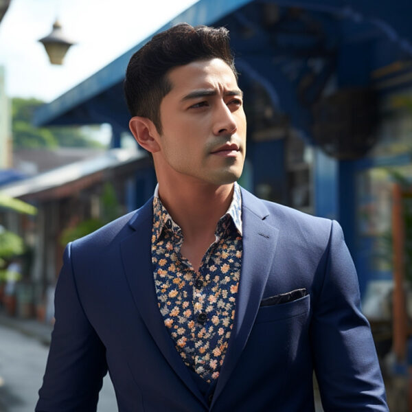 A dapper, well-groomed man in a sharp blue suit with a patterned shirt, looking pensively to the side on a vibrant street with tropical foliage and hanging lantern
