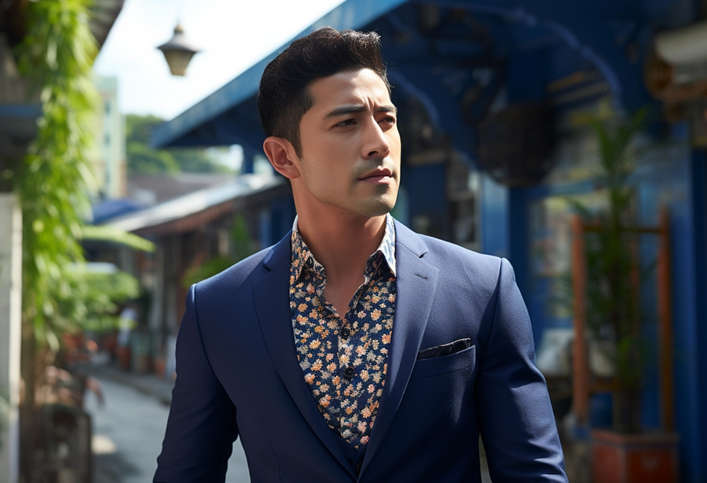 navy suit with floral patterned shirt