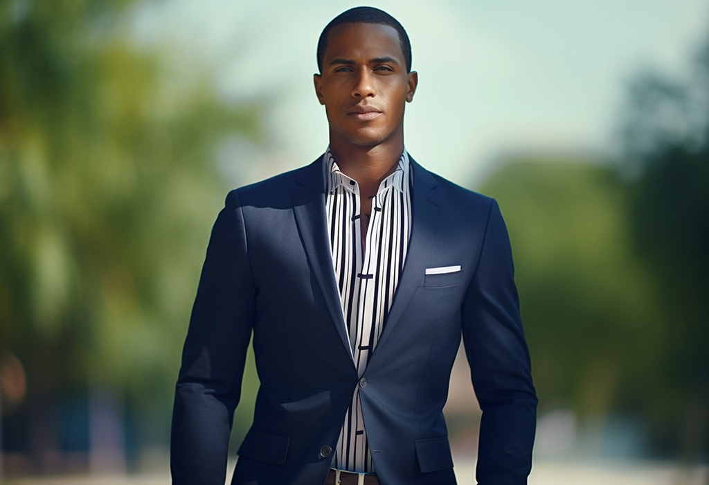 man wearing navy suit with patterned shirt