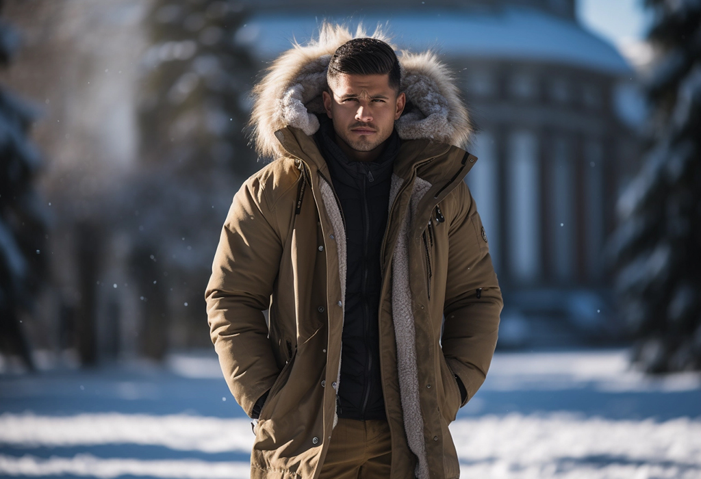 man wearing winter parka with fur capuchon in snowy day