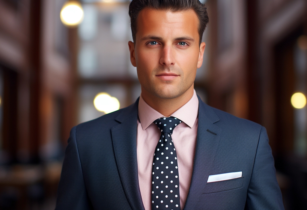 man wearing navy blue suit and polka dot tie
