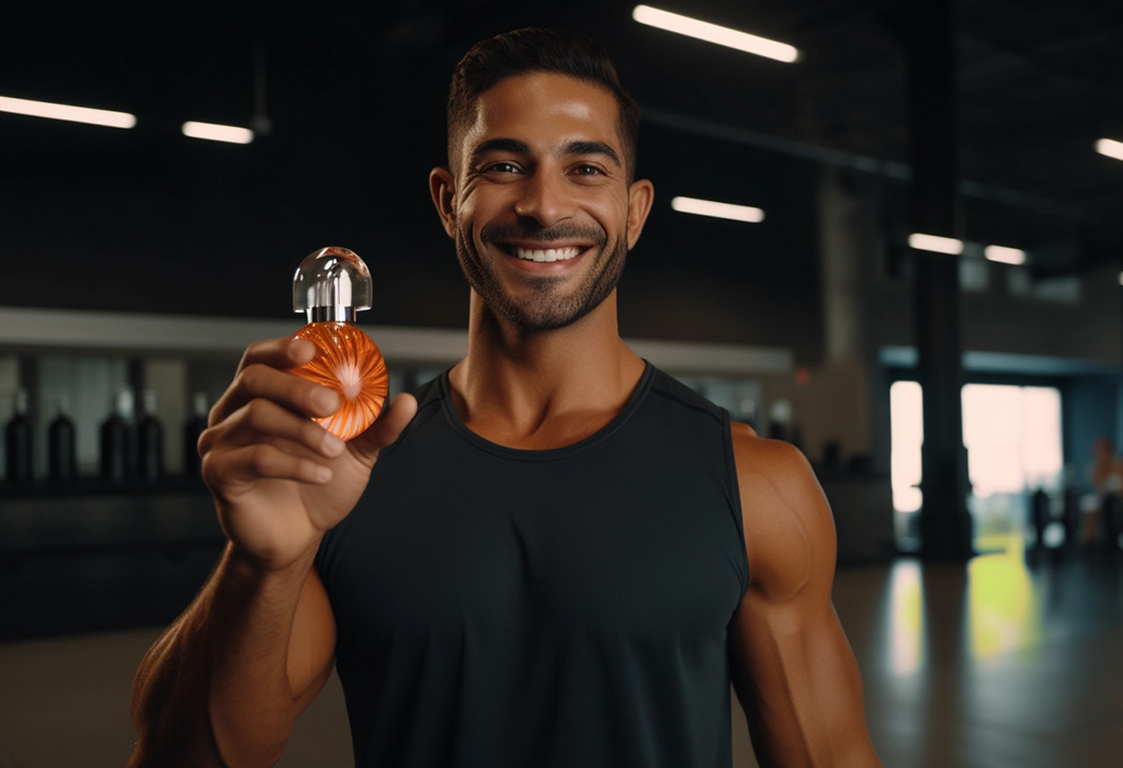 athletic man holds a bottle of perfume to boost physical performance