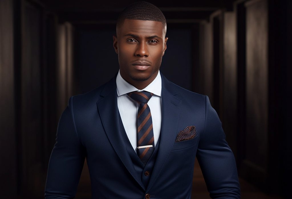 man wearing navy blue suit with striped tie