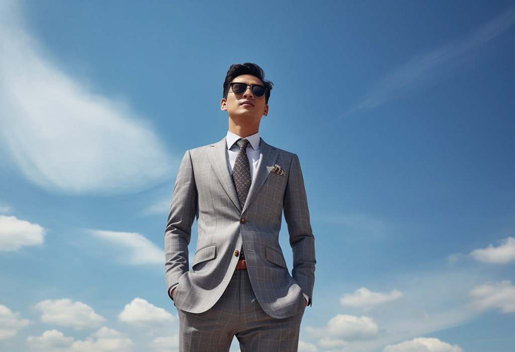 young man wearing grey suit and sunglasses