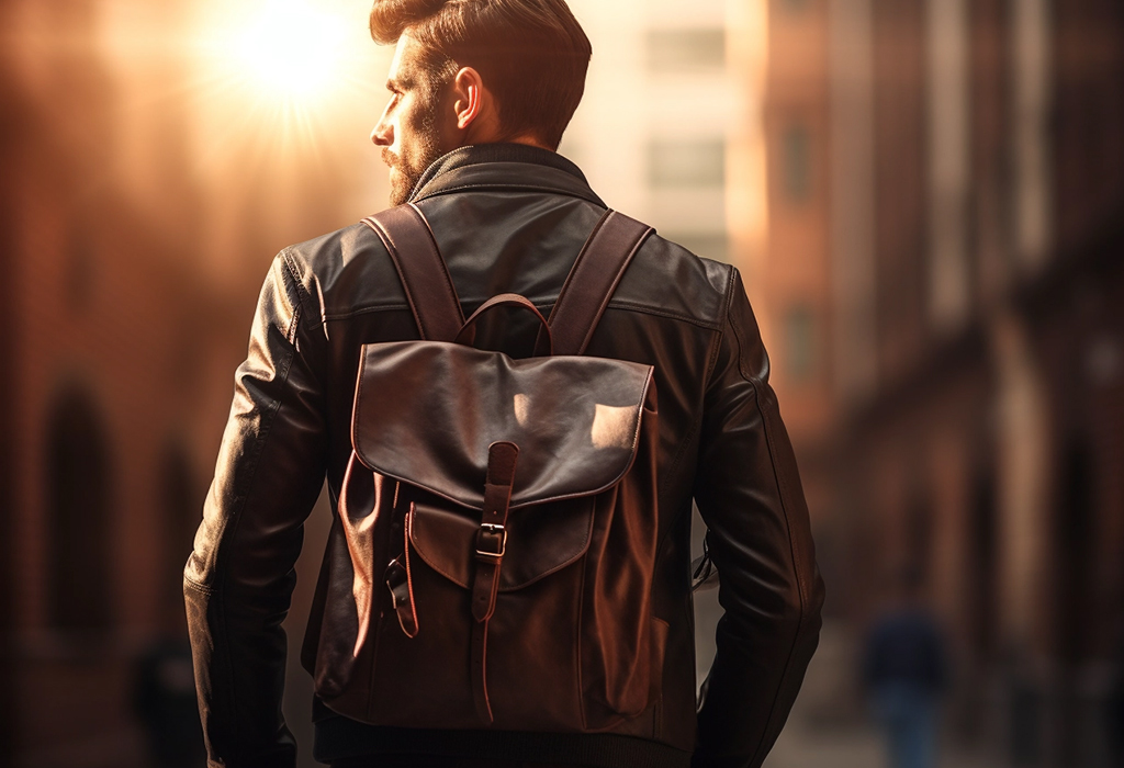 man wearing leather backpack with leather jacket