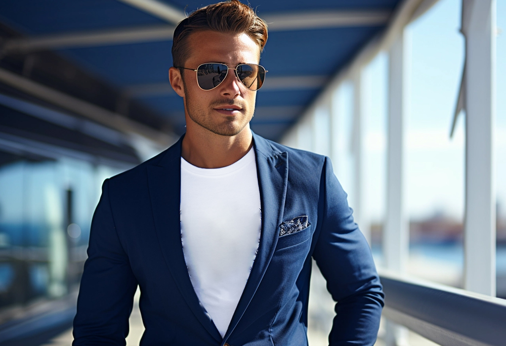 guy wearing a suit with a t-shirt accessorized with pocket square and sunglasses