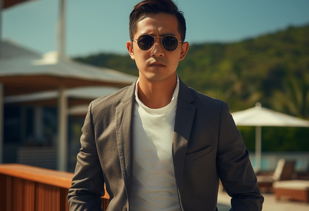 young man wearing a suit with white t-shirt outside