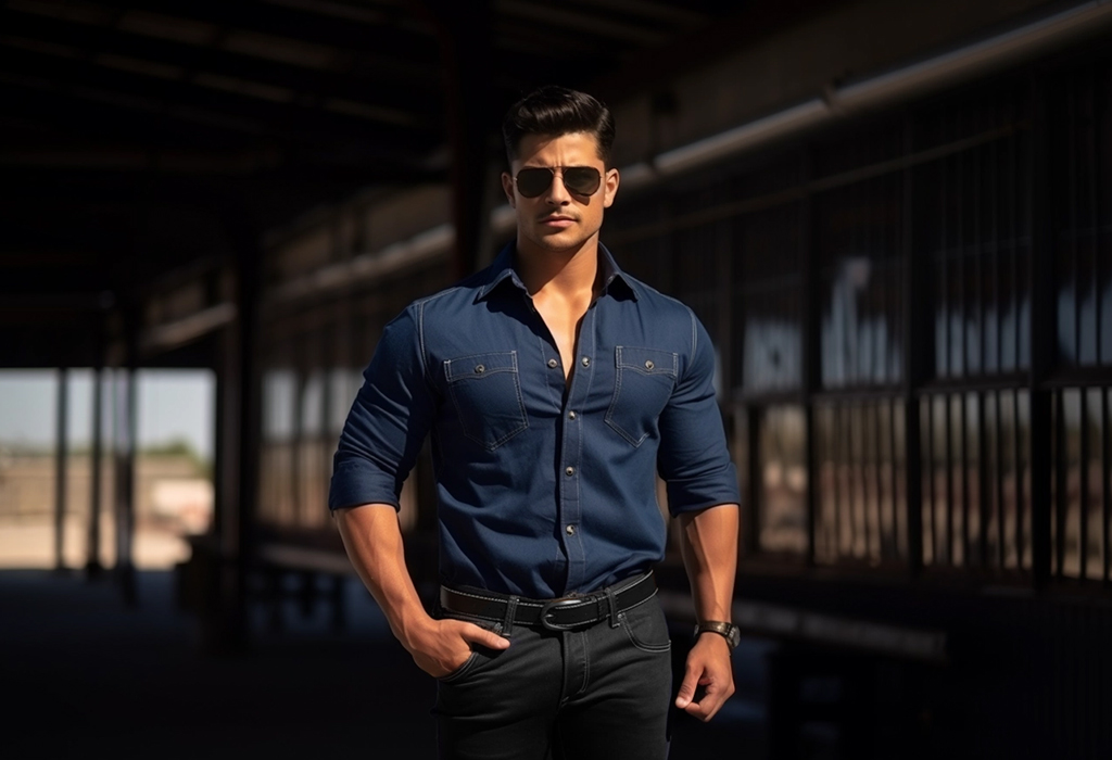 guy wearing denim shirt with black jeans