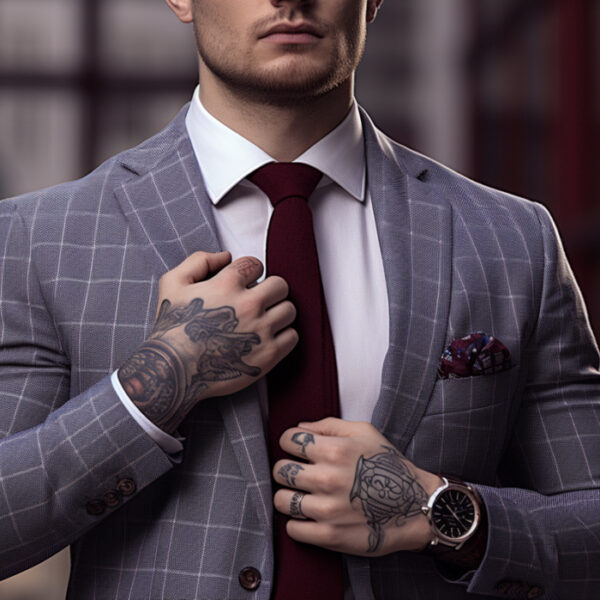 man in suit with tattooed hands